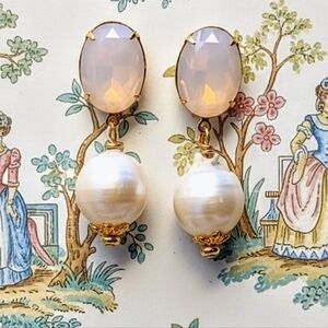Large Stunning Pink Rosewater Opal & Huge Freshwater  Pearls Gold Plated Earring